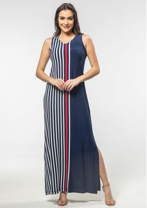 Vestido Longo Pau a Pique Regata listrado Azul Marinho