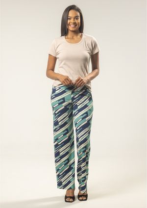 Calça Pantalona Pau a Pique Estampada Azul