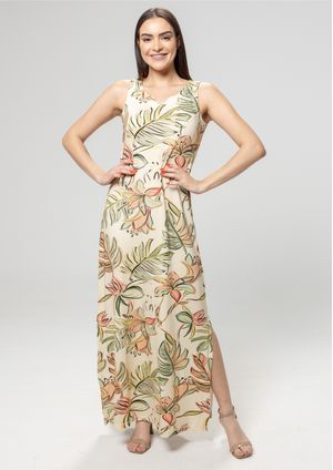 Vestido Longo Pau a Pique Estampado Creme