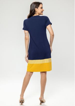 Vestido Pau a Pique Azul Marinho e Mostarda