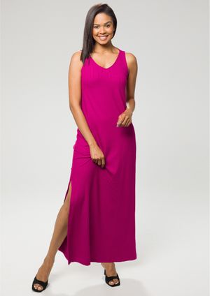 Vestido Longo Pau a Pique Canelado Fúcsia