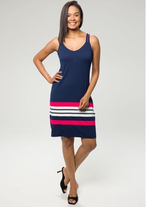 Vestido Pau a Pique Listrado Azul Marinho e Pink