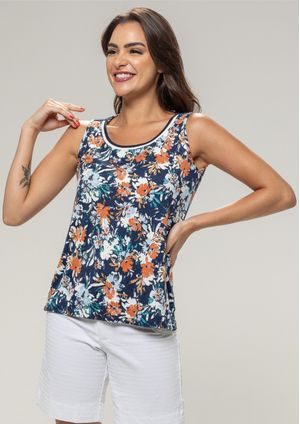 Regata Pau a Pique Estampada Azul Marinho