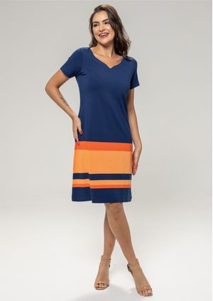Vestido Pau a Pique Listrado Azul Marinho e Laranja