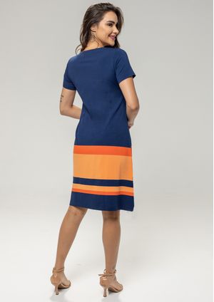 Vestido Pau a Pique Listrado Azul Marinho e Laranja