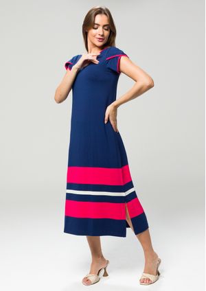Vestido Pau a Pique Listrado Azul Marinho e Pink