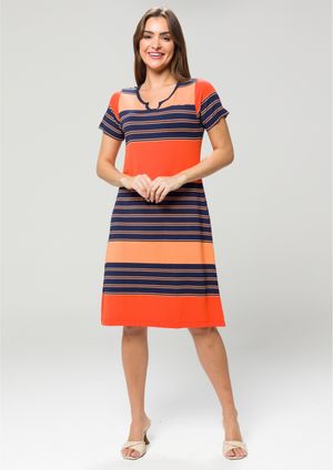 Vestido Pau a Pique Listrado Azul Marinho e Laranja