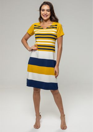 Vestido Pau a Pique Listrado Mostarda e Marinho