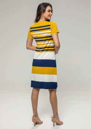 Vestido Pau a Pique Listrado Mostarda e Marinho