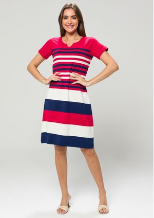 Vestido Pau a Pique Listrado Vermelho e Marinho