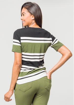 Blusa Pau a Pique Listrada Verde Musgo e Preto