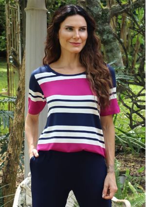 Blusa Pau a Pique Listrada Fúcsia e Azul Marinho