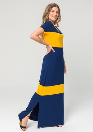 Vestido Longo Pau a Pique Listrado Azul Marinho e Amarelo Ouro