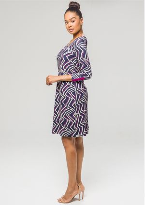 Vestido 3/4 Pau a Pique Estampado Azul Marinhho