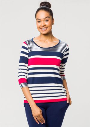 Blusa 3/4 Pau a Pique Listrada Azul Marinho