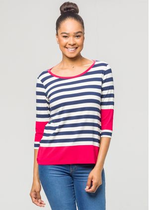Blusa 3/4 Pau a Pique Listrada Azul Marinho