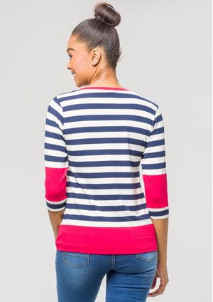 Blusa 3/4 Pau a Pique Listrada Azul Marinho