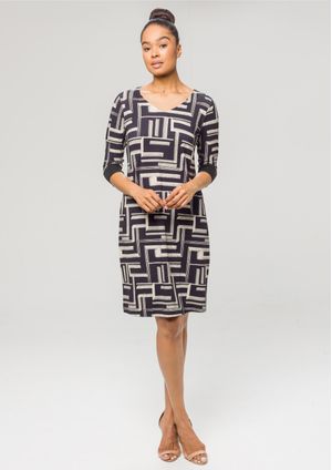 Vestido 3/4 Pau a Pique Estampado Preto