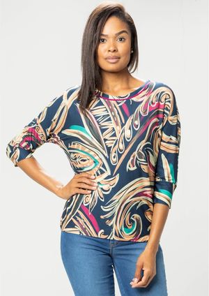 Blusa 3/4 Pau a Pique Estampada Azul Marinho