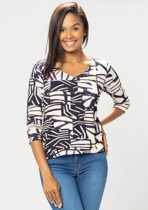 Blusa 3/4 Pau a Pique Estampada Azul Marinho