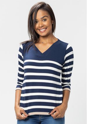 Blusa 3/4 Pau a Pique Listrada Azul Marinho