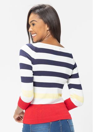 Blusa 3/4 Modal  Pau a Pique Listrada Vermelho e Azul Marinho