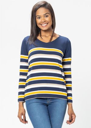 Blusa Manga Longa Pau a Pique Listrada Azul Marinho