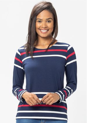 Blusa Manga Longa Pau a Pique Listrada Azul Marinho