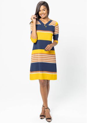 Vestido 3/4 Pau a Pique Listrado Azul Marinho