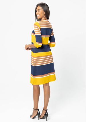 Vestido 3/4 Pau a Pique Listrado Azul Marinho