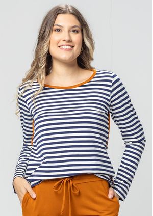 Blusa Manga Longa Pau a Pique Listrada Azul Marinho