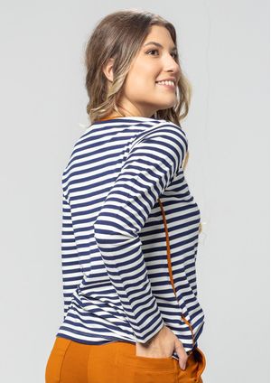 Blusa Manga Longa Pau a Pique Listrada Azul Marinho
