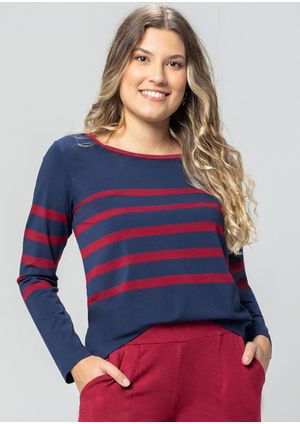 Blusa m/l Pau a Pique Listrada Azul Marinho