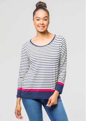Blusa m/l Pau a Pique Listrada Azul Marinho