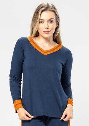 Blusa Manga Longa Pau a Pique Básica Marinho/Ocre