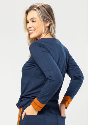 Blusa Manga Longa Pau a Pique Básica Marinho/Ocre