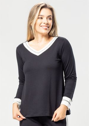 Blusa Manga Longa Pau a Pique Básica Preto/Off