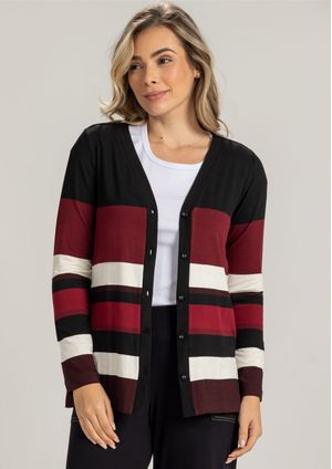 Cardigan Pau a Pique Listrado Bordô