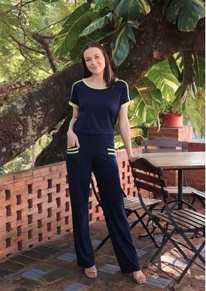Calça Pau a Pique Básica Azul Marinho e Verde Limão