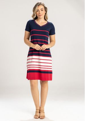 Vestido Pau a Pique Listrado Vermelho e Marinho