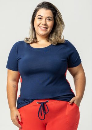 Blusa Básica Pau a Pique Azul Marinho e Papoula