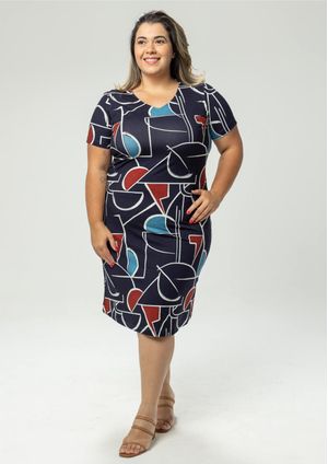 Vestido Pau a Pique Estampado Marinho com Vermelho