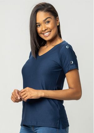 Blusa Manga Curta Pau a Pique Canelada Azul Marinho