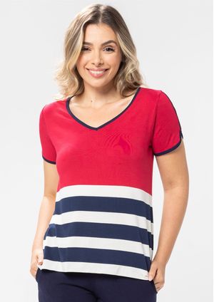 Blusa Manga Curta Pau a Pique Listrada Azul Marinho