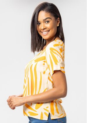 Blusa Manga Curta Pau a Pique Estampada Laranja