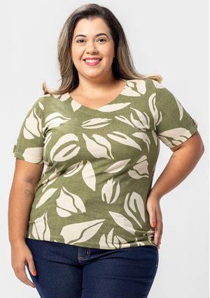 Blusa Manga Curta Pau a Pique Estampada Verde