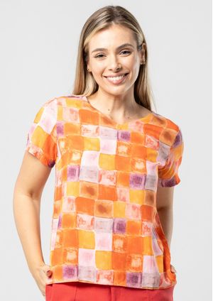 Blusa Manga Curta Pau a Pique Estampada Laranja
