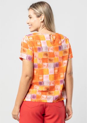 Blusa Manga Curta Pau a Pique Estampada Laranja