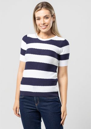 Blusa Manga Curta Pau a Pique Modal Listrada Marinho/Branco