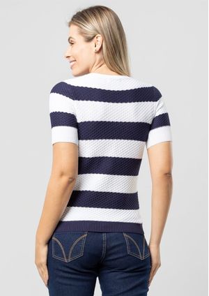 Blusa Manga Curta Pau a Pique Modal Listrada Marinho/Branco